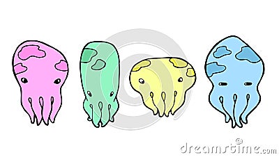 Vector illustration. Set of four octopuses of different colors and shapes. Cartoon Illustration